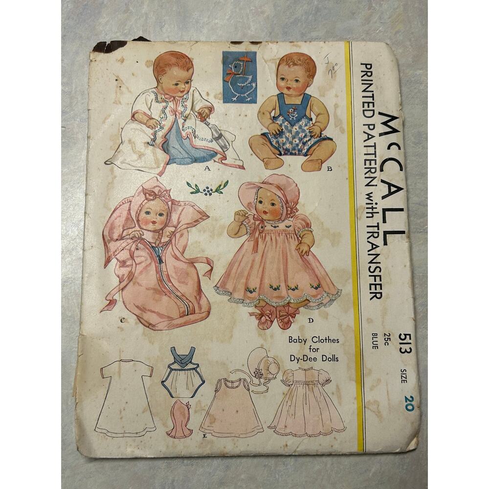 Vintage 1930's McCall Pattern #513 Doll Wardrobe Size 20" HTF RARE
